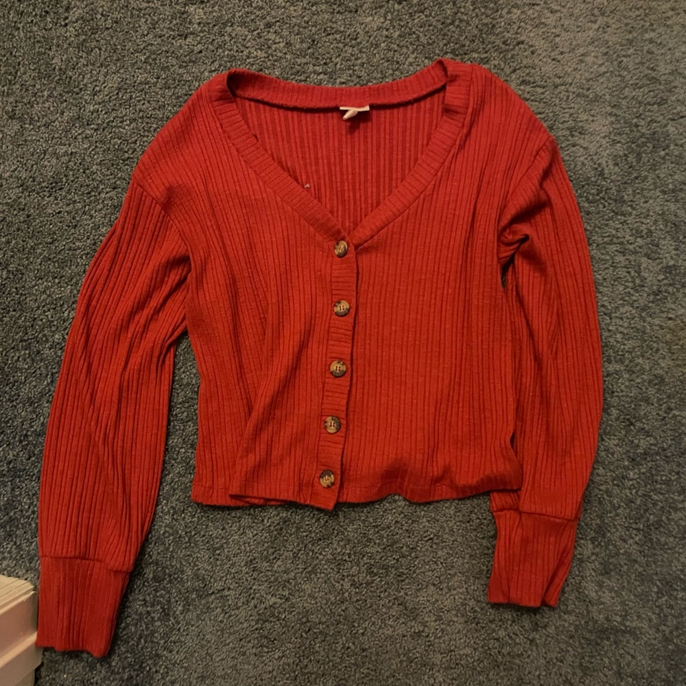 Red Ribbed Mock-Button Sweater - Picture 2 of 2